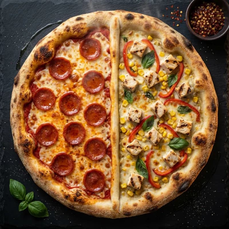 Mitad Pepperoni / Mitad Pollo y Vegetales